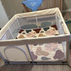 Neutral Beige Playpen with Floral Mat